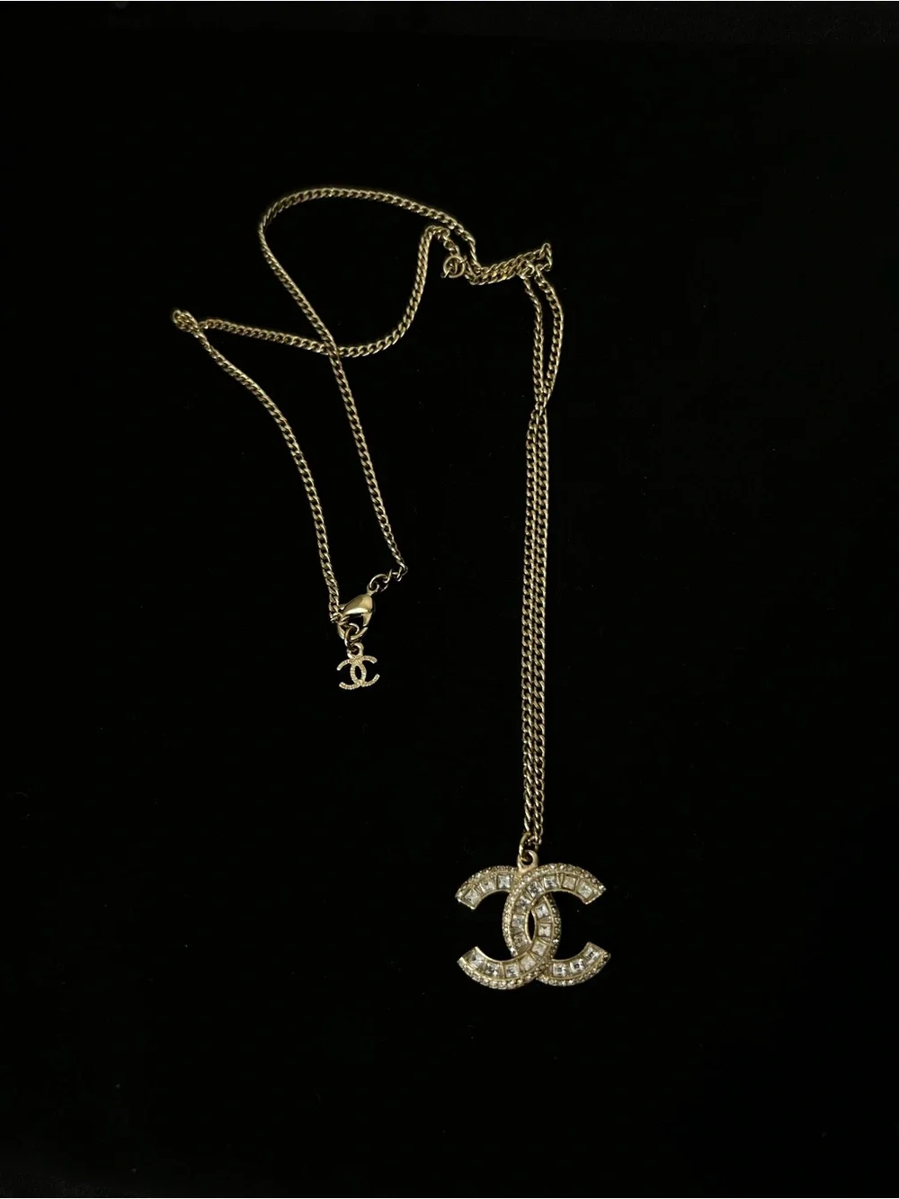 CHANEL Gold Crystal Double C Pendant Necklace